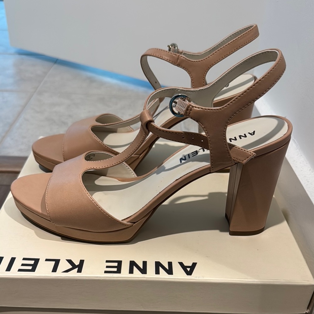 Anne Klein Blush T-Strap Block Heel Sandals